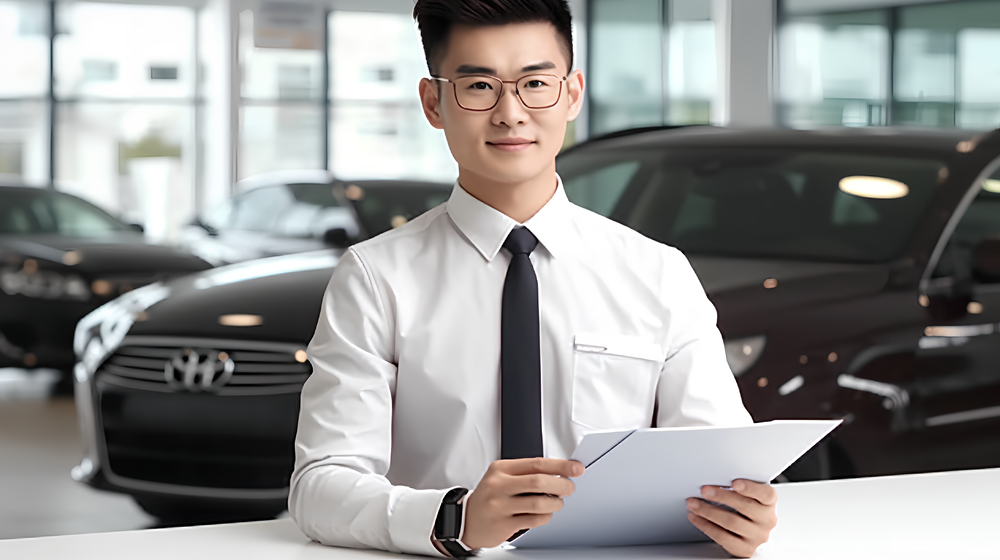 汽車旗艦店亞洲男銷售員銷售場景攝影圖